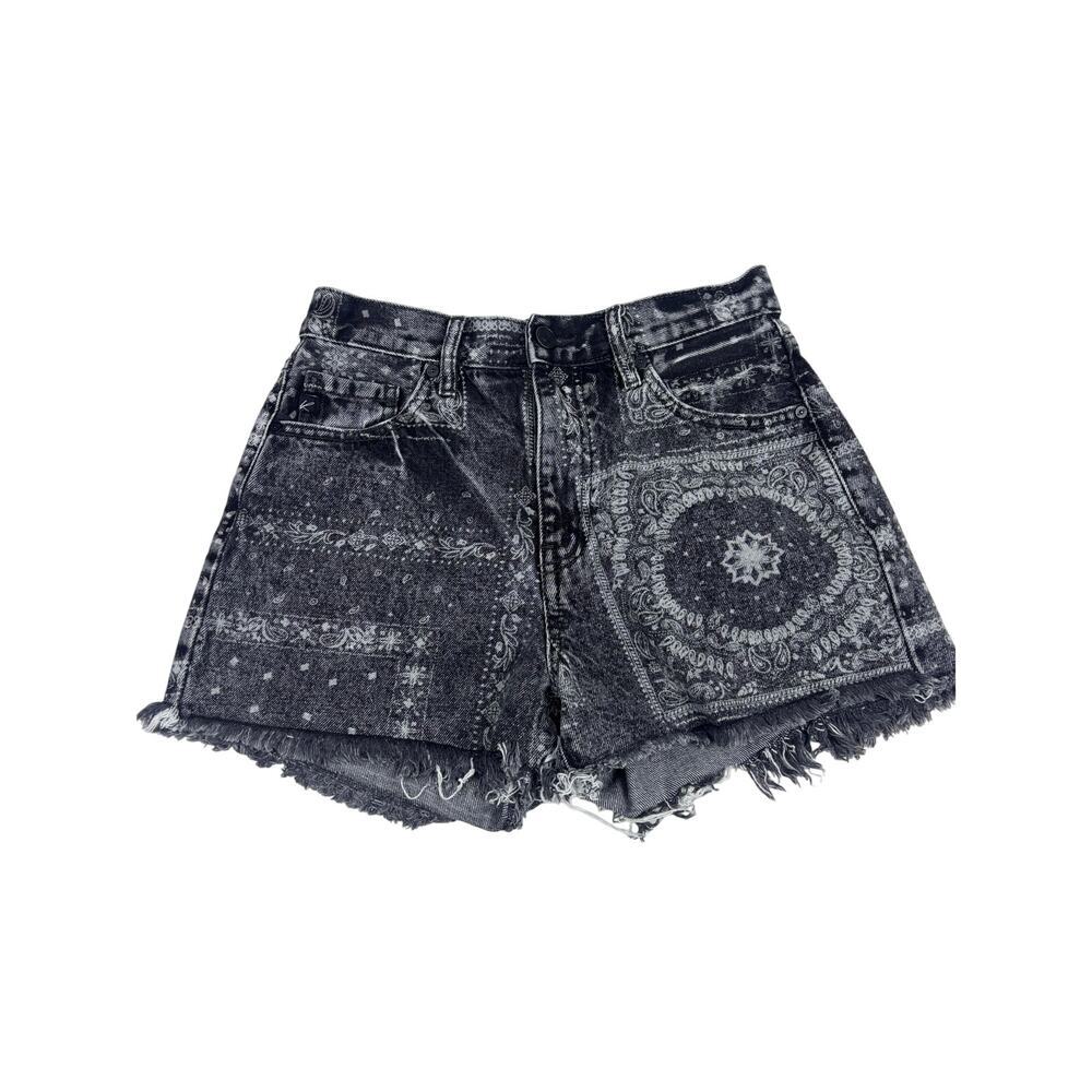 KanCan Whitney High Rise Shorts Size 3/25 Black Bandana Paisley Denim Cutoff - Picture 1 of 8